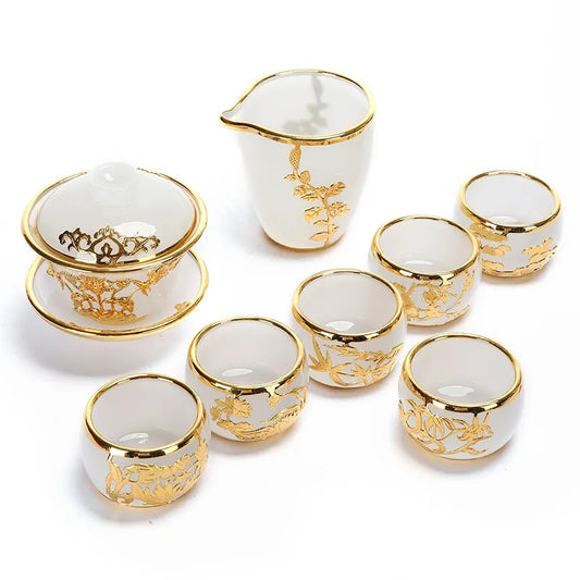 Golden-Inlaid Jade Liuli Porcelain Kung Fu Tea Set