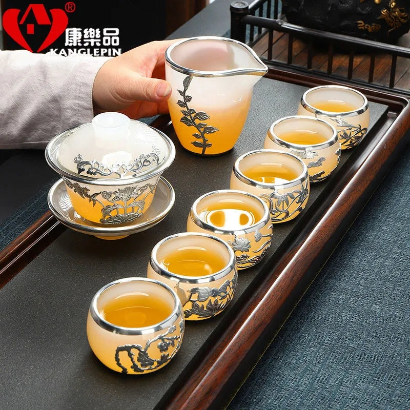 Golden-Inlaid Jade Liuli Porcelain Kung Fu Tea Set